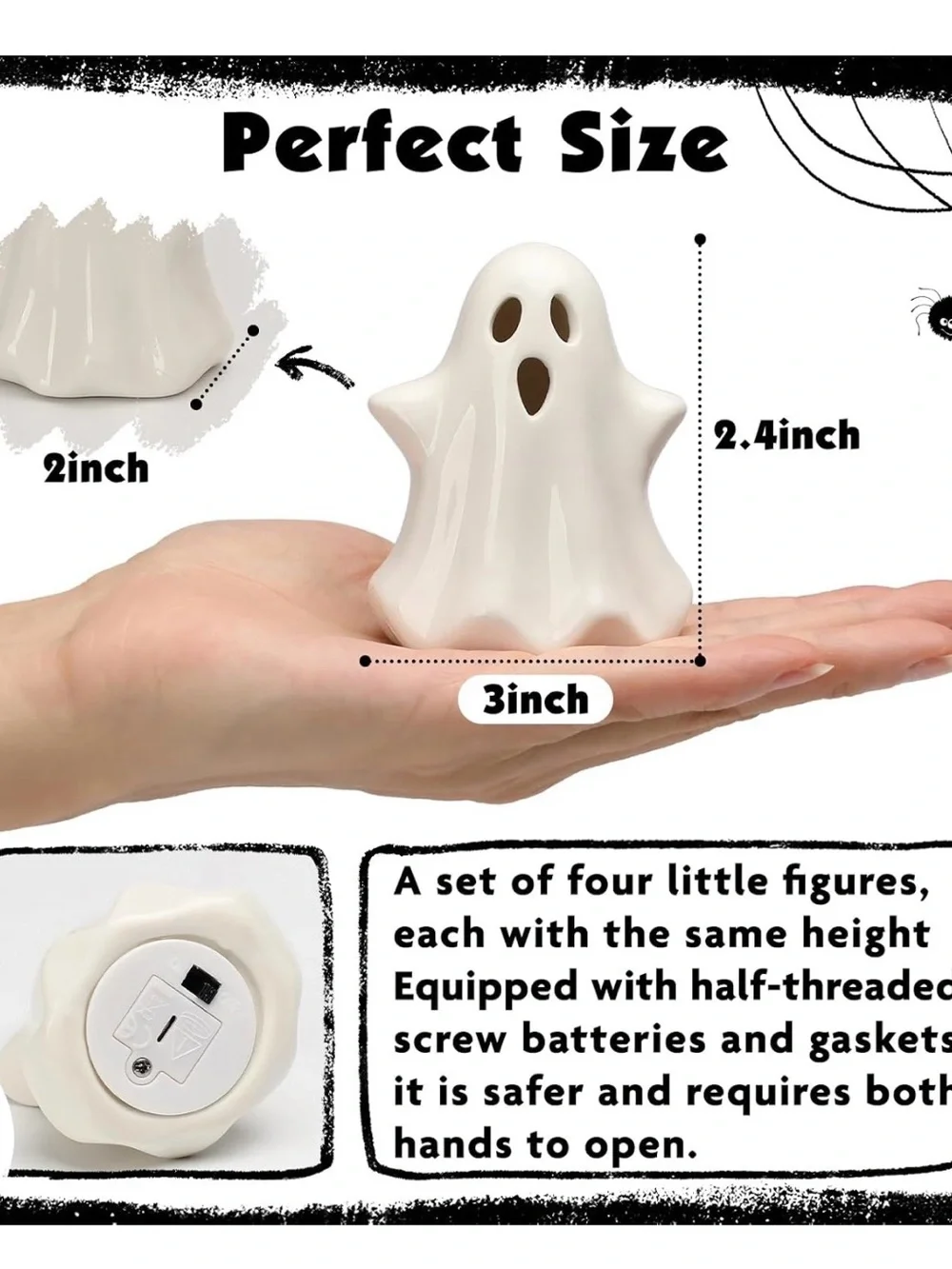 Set of 4 Ceramic White Ghost Tea Lights - Decorative Halloween LED Figurines